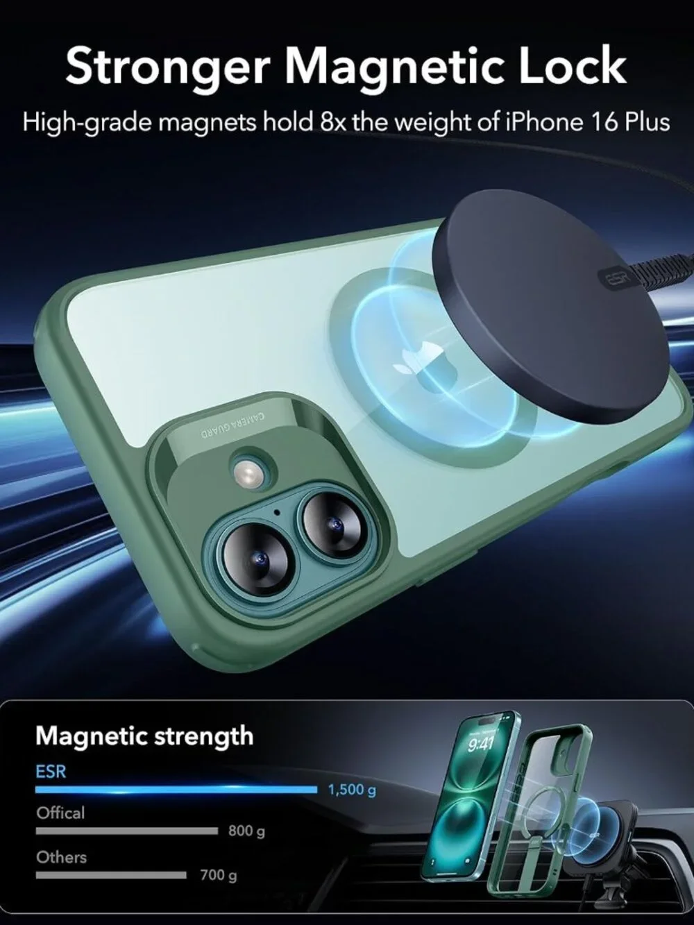 ESR iPhone 16 Plus Kickstand Case, MagSafe Clear Green Military Grade Shockproof